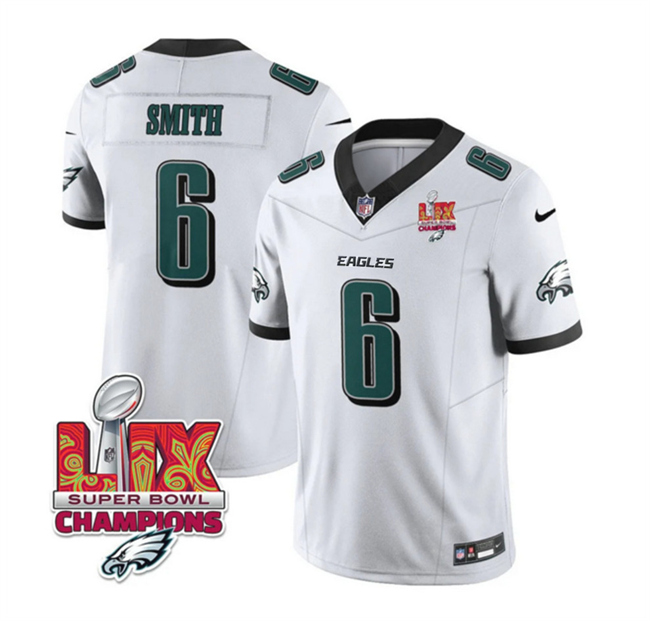 Men's Philadelphia Eagles #6 DeVonta Smith White 2025 Eagles Logo Super Bowl LIX Patch New F.U.S.E. Vapor Untouchable Limited Stitched Football Jersey